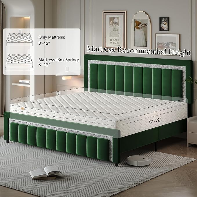 HOMBCK King Size Bed Frame with Diamond Headboard and Footboard, Velvet Upholstered Platform Bed with Wooden Slats, No Box Spring Needed, Easy Assembly, Green