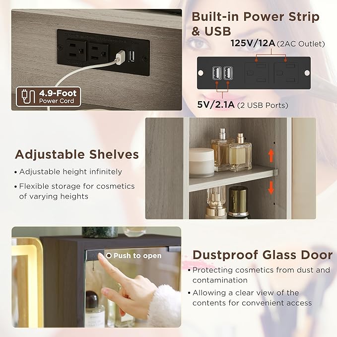 T4TREAM 48" Fluted Makeup Vanity Desk with Large 36" Mirror and Lights, Modern Glass Top Big Vanity Table w/5 Drawers & Adjustable Shelves, Dressing Table w/Charging Station for Bedroom, White Alder