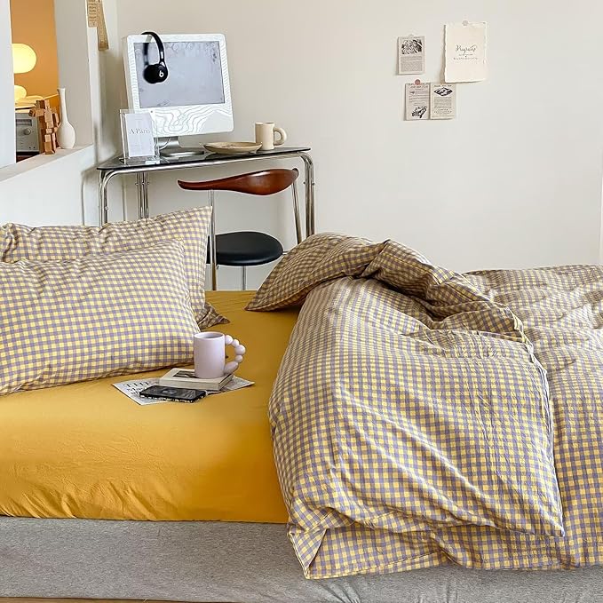 mixinni Yellow/Purple Gingham Comforter Set Queen, Plaid Comforter Set 3 Pieces 1 Vintage Grid Comfoter with 2 Pillow Cases for All Seasons, Soft Fluffy Modern Grid Pattern Printed Bedding-Queen Size