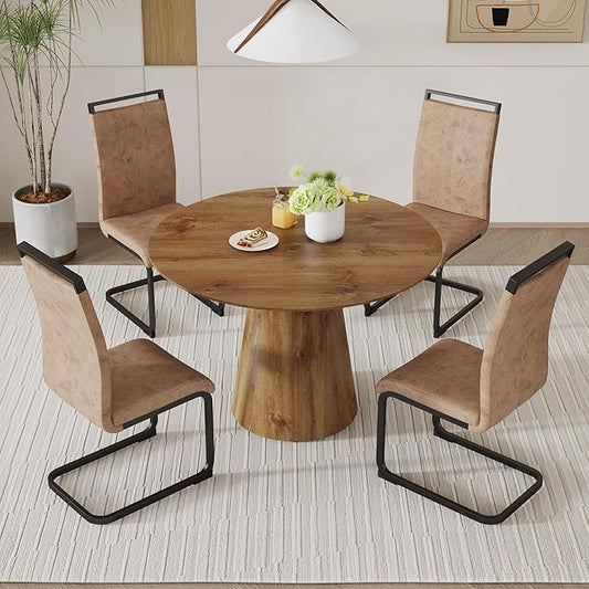 45 Inch Round Dining Table Set for 4, 5 Piece Kitchen Table and Chairs Set, Wooden Table with Light Walnut Finish, Small Space Dining Set for Apartment or Dining Room