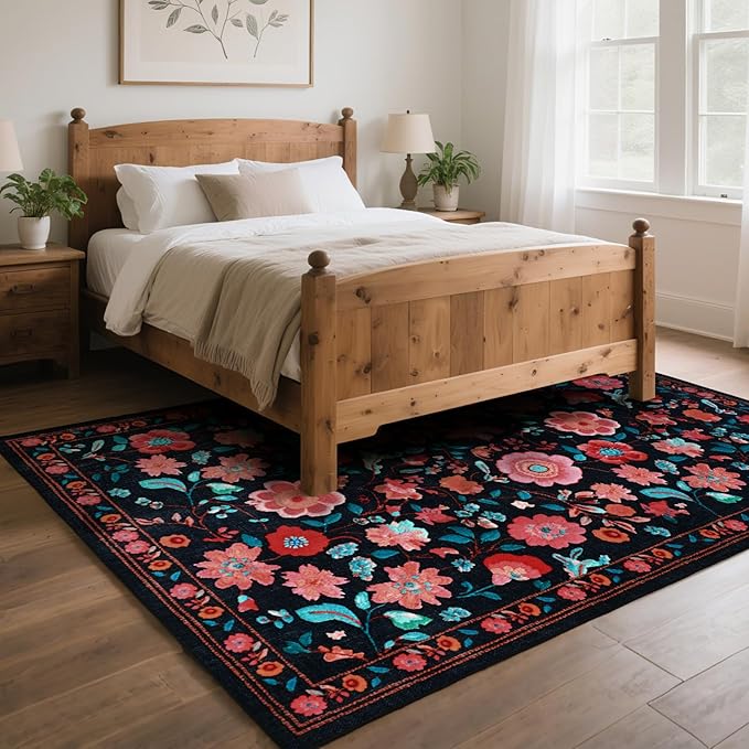 8x10 Area Rug for Living Room Clearance, Modern Washable Rug Non Slip Low Pile Floral Rugs for Living Room, Bedroom, Farmhouse, Dining Room, Kids Playroom, Black