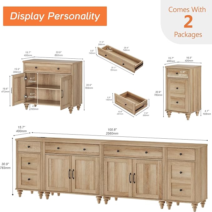 WAMPAT Farmhouse TV Stand for 100 Inch TV, 4-in-1 TV Console Table for 75/80/85/90 Inch TV, Entertainment Center with Charging Station, Kitchen Sideboard Buffet Cabinet for Dining Room, Oak