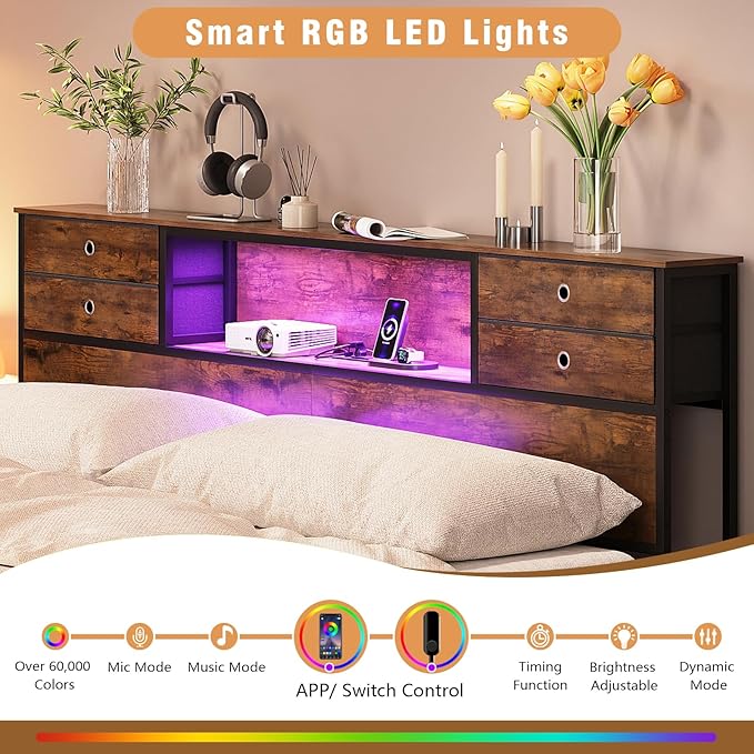 GiftGo King Size Headboard with 4 Fabric Storage Drawers Charging Station LED Light Adjustable Height Storage Rack Sturdy and Stable Metal Frame & Wood Shelf (Rustic Brown, King (U.S. Standard))