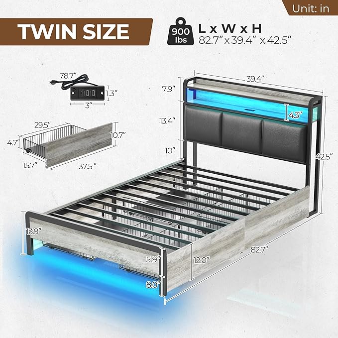 Rolanstar Bed Frame Twin Size with Charging Station and LED Lights, Upholstered Storage Headboard with Drawers, Heavy Duty Metal Slats, No Box Spring Needed, Easy Assembly, Vintage Grey and Black