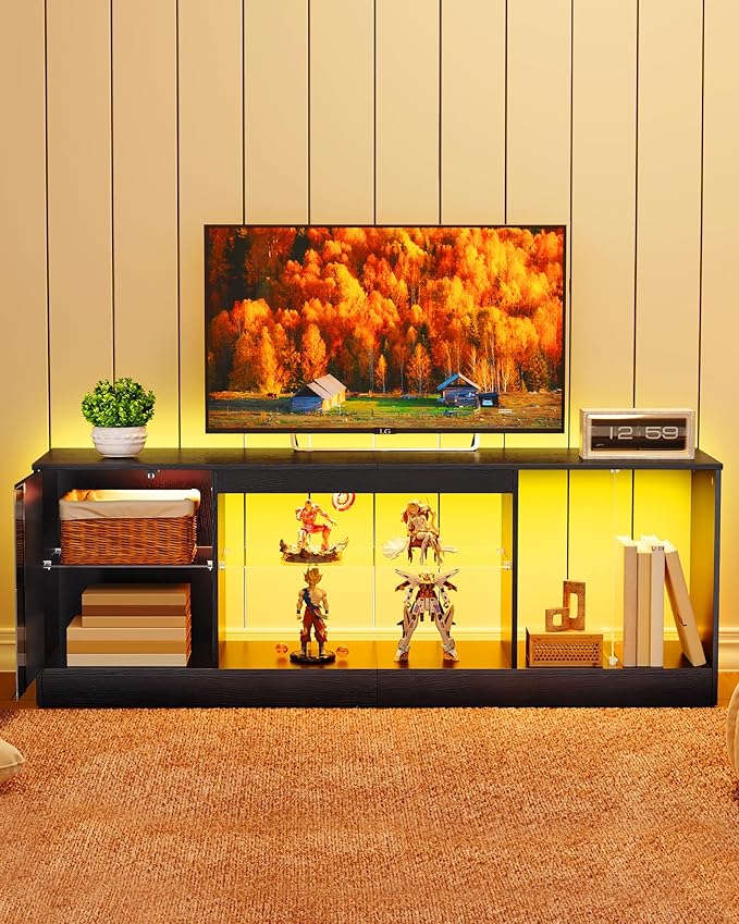 TV Stand with Power Outlets 55 65 inch, Modern Entertainment Center with Multi-Color LED Light, Media TV Console with Adjustable Glass Shelves for Living Room Black MDS01UDBB