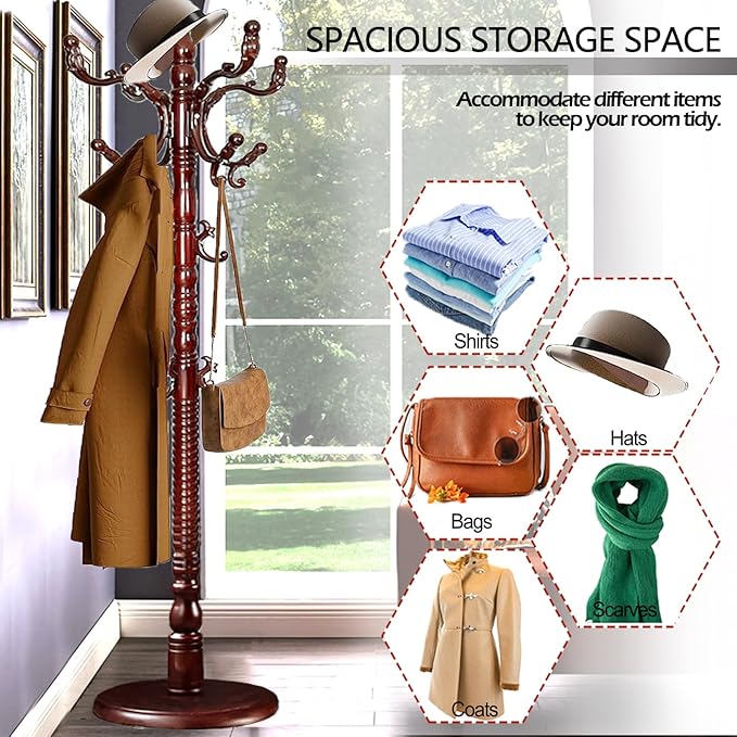 Coat Racks Free Standing with 14 Hooks, Natural Wood Coat Stands for Entryway, Adjustable Height 73 in Tree Coat Rack Stand for Hallway Home Office Bedroom (Mahogany)