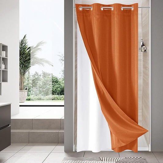 MitoVilla Orange Waffle Small Stall Shower Curtain 36 x 74, No Hooks Required Half Size Narrow Fabric Cloth Shower Curtain Set with Snap-in Liner for Modern Bathroom Decor, Burnt Orange