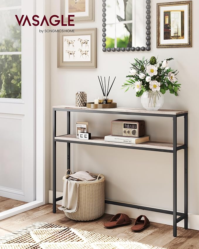VASAGLE Console Table, 2-Tier Narrow Sofa Table with 2 Shelves, 7.9 x 39.4 x 31.5 Inches, for Living Room, Hallway, Entryway, Heather Greige and Ink Black ULNT131K02V1