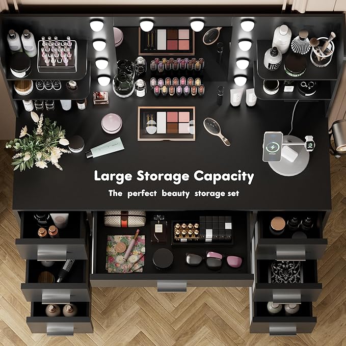 YESHOMY Vanity Desk with Mirror, Power Outlet and 10 Lights, Makeup Table with 7 Drawers, 3 Color Modes Available for Bedroom, Dark Black