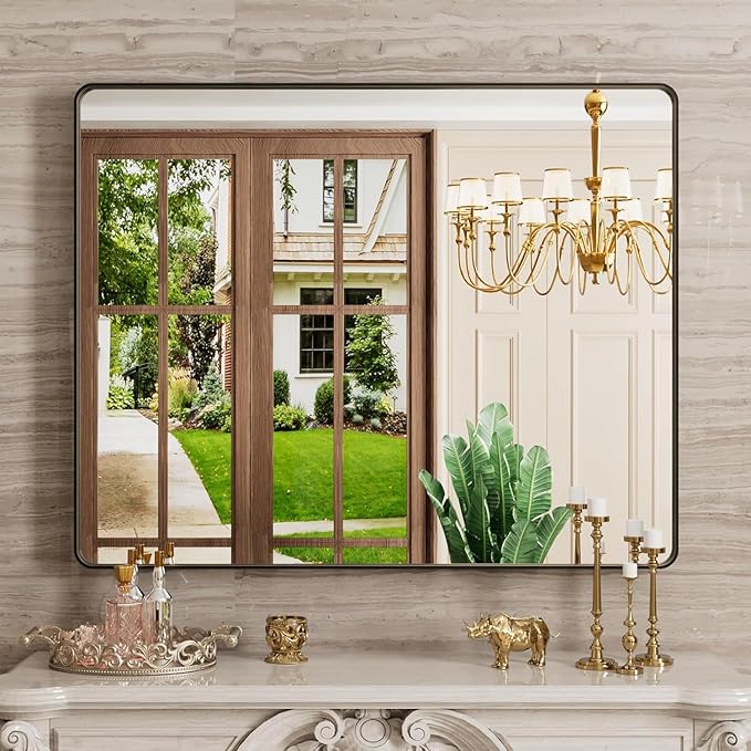 40X32 Inch Black Bathroom Mirror, Black Metal Framed Mirror for Wall, Rounded Rectangle Matte Bathroom Vanity Mirror with Tempered Glass, Anti-Rust, Horizontal/Vertical