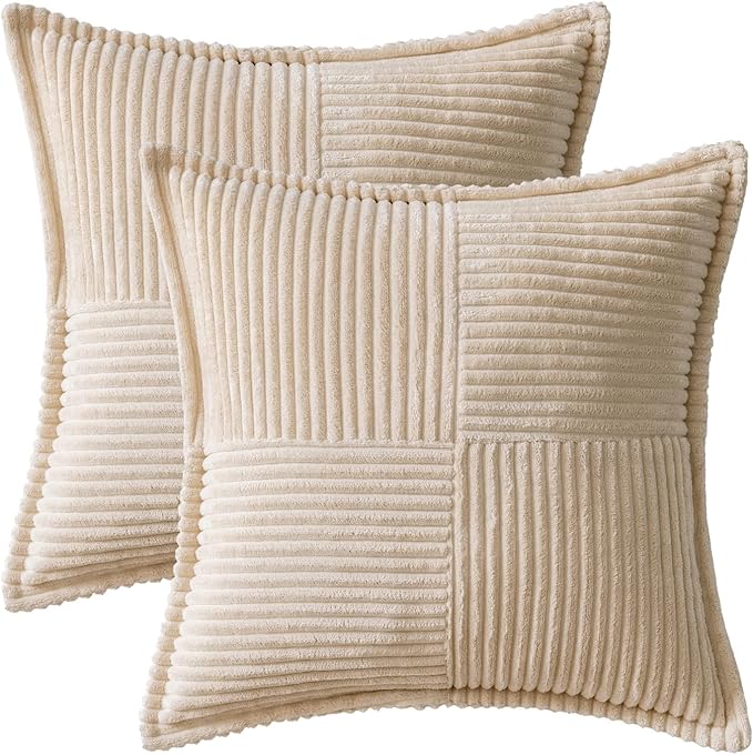 MIULEE Decorative Throw Pillow Covers for Couch Bed Livingroom 20x20 Inch Set of 2 Beige Boho Accent Throw Pllows Broadside Striped Patchwork Soft Corduroy Pillowcases