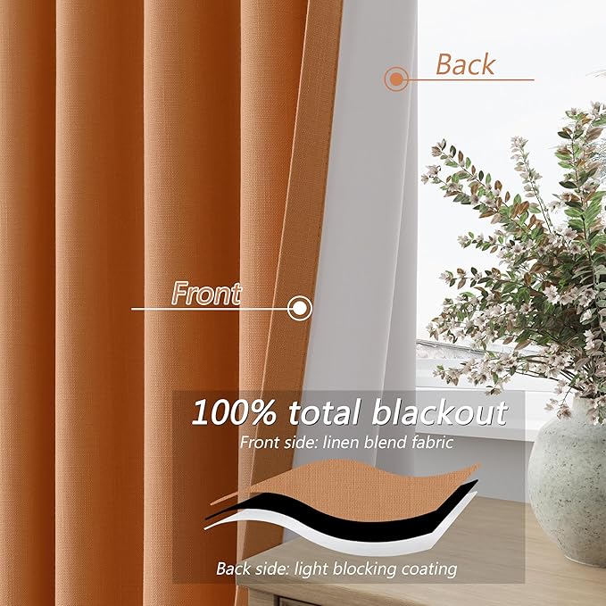 Guken Orange Blackout Curtains 84 Inch Length 2 Panels Set Fall Curtains for Living Room Bedroom Back Tab Thermal Insulated 100% Black Out Linen Drapes Room Darkening Window Curtains