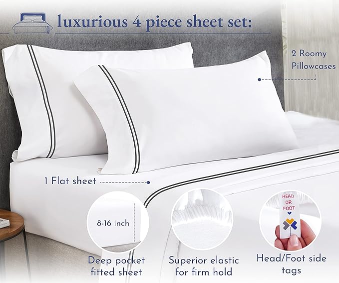 California Design Den Luxury Queen Size Sheet Set - 100% Cotton, 600 Thread Count Deep Pocket Queen Sheets, Hotel-Quality Bedding with Sateen Weave - White Embroidered Grey