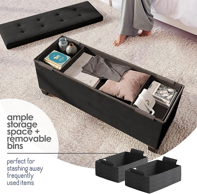 STORAGEBUD Storage Ottoman Bench with Bins, 43-in Storage Bench for Bedroom End of Bed, Folding Foot Rest Ottoman for Living Room Max 660lbs, Velvet Ottomans, Black