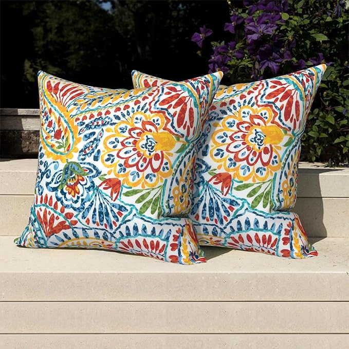 Pack of 2 Patio Throw Pillow Covers ONLY, Water Repellent Cushion Cases 20x20 Inch, Square Pillowcases for Outdoor Couch Decoration, Paisley Multi