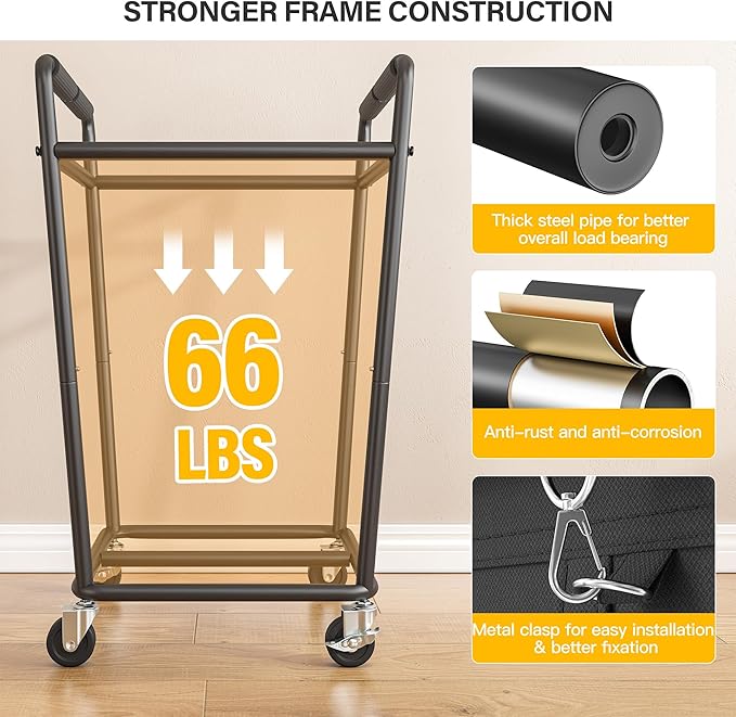 Laundry Basket with Wheels & Handles, 180L Laundry Cart with Removable Bag & Metal Frame for Clothes Storage, Laundry Room Organization Rolling Hamper with Wheels For Laundry, Dorm (Black)