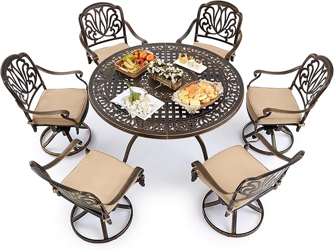 7 Piece Outdoor Dining Set Cast Aluminum, Retro Patio Dining Furniture Set for 6 Includes 54’’ Round Table 6 Chairs with Thicker Cushion and Umbrella Hole for Patio Deck Garden