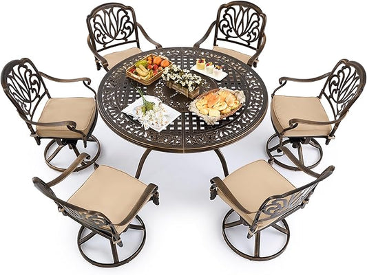 7 Piece Outdoor Dining Set Cast Aluminum, Retro Patio Dining Furniture Set for 6 Includes 54’’ Round Table 6 Chairs with Thicker Cushion and Umbrella Hole for Patio Deck Garden