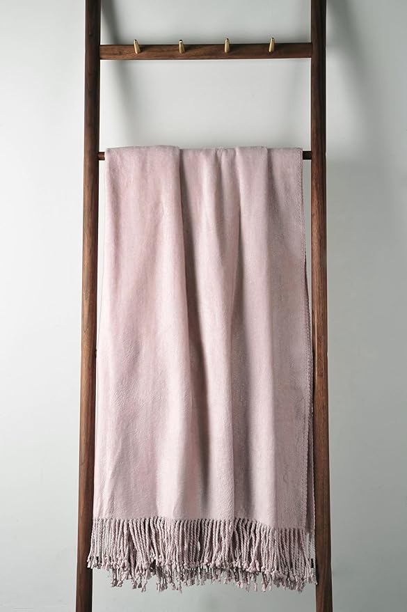 EP Mode Fringed Mulberry Silk Throw Blanket for Sofa (Cameo Pink)
