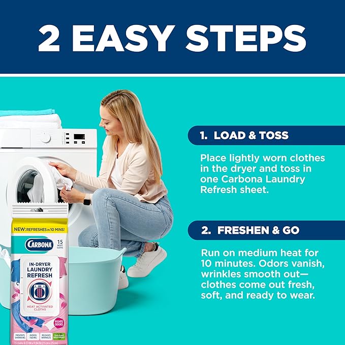 Carbona Laundry Refresh Dryer Sheets 15ct – Odor Eliminator, Wrinkle Releaser, Fabric Softener – Heat-Activated, Static Reducer, Prevents Shrinking & Fading – Quick Clothes Refresh