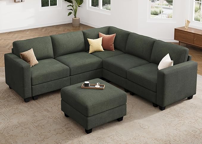 HONBAY Corduroy Modular Sectional Couch with Storage L-Shaped Sectional Couches for Living Room 6 Seater Modular Sofa, Green