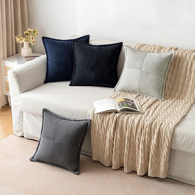 MIULEE Decorative Throw Pillow Covers for Couch Bed Livingroom 20x20 Inch Set of 2 Black Boho Accent Throw Pllows Broadside Striped Patchwork Soft Corduroy Pillowcases