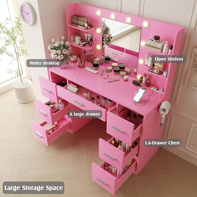 YESHOMY Vanity Desk with Mirror, Power Outlet and 10 Lights, Makeup Table with 7 Drawers, 3 Color Modes Available for Bedroom, Light Pink