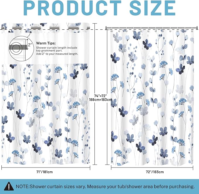 No Hook Shower Curtain with Snap in Liner - Watercolor Floral Shower Curtain - Fabric Waterproof Inner Liner, Plants Blue Flowers White Cloth Shower Curtains - Machine Washable, 71 x 74