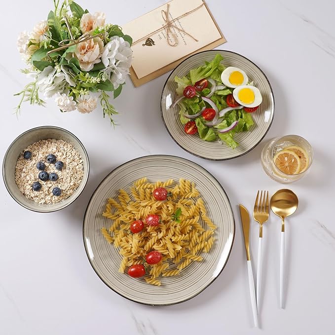 famiware Plates and Bowls Sets for 4, 12 Pieces Stoneware Dinnerware Sets, Dishes Set, Reactive Glaze Dishware Sets, Dishwasher & Microwave Safe, Tempus Series - Castle Wall