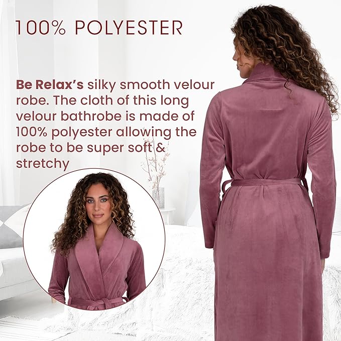 Be Relax Terry Velour Robe - Made of Polyester, Shawl Collar Robe with Belt & Side Pockets, Soft & Warm Bathrobe for Women