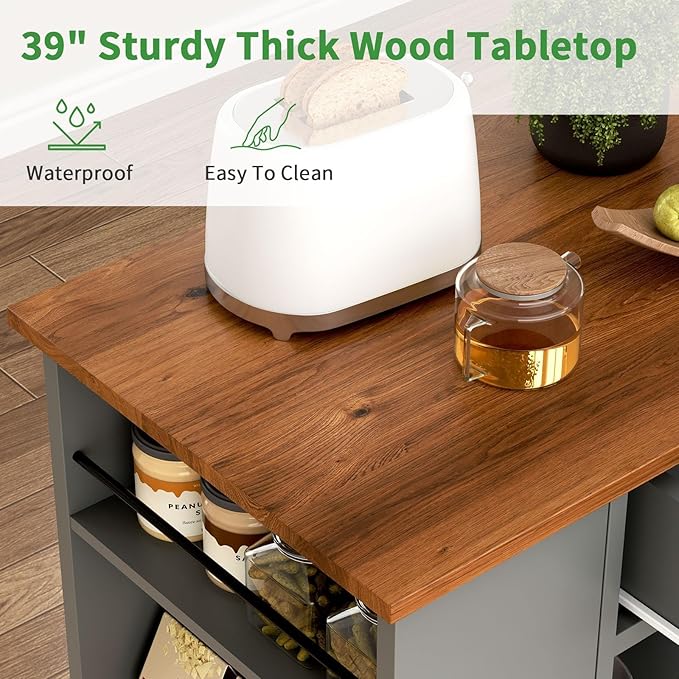 4 EVER WINNER Kitchen Island on Wheels with Storage Cabinet, Kitchen Island Cart with Spice Rack & Towel Rack, Rolling Kitchen Cart with Open Shelves, Portable Island with Drawer, Grey