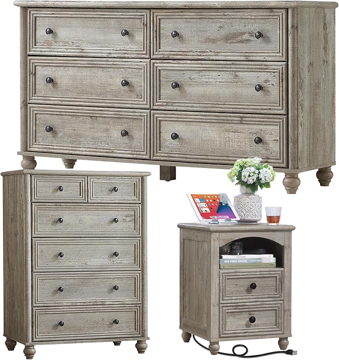 Farmhouse Dressers & Night Stand Set of 3, Wood 54" Wide 6 Drawer Dresser & 43.5"Tall Chest of Drawers, 18" with Charging Station Nightstand, Bedroom Furniture Dresser Set for Home Living Room Hallway