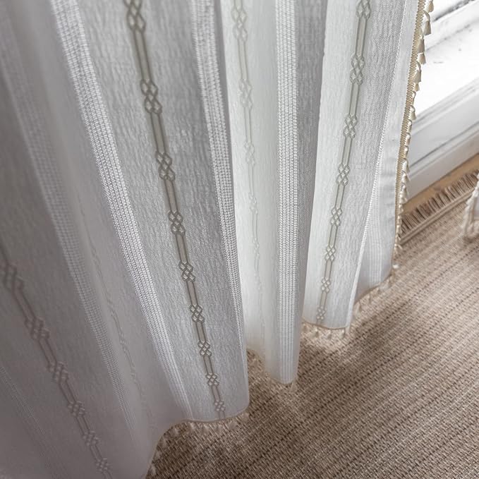 Boho Curtains for Bedroom Embroidery Striped Farmhouse Curtains 63 Inch Length 2 Pannels for Living Room Off White Linen Semi Sheer Rod Pocket Drapes(52" W x 63" L,White)
