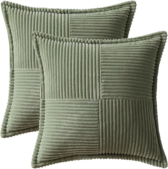 MIULEE Decorative Throw Pillow Covers for Couch Bed Livingroom 18x18 Inch Set of 2 Light Olive Green Boho Accent Throw Pllows Broadside Striped Patchwork Soft Corduroy Summer Pillowcases