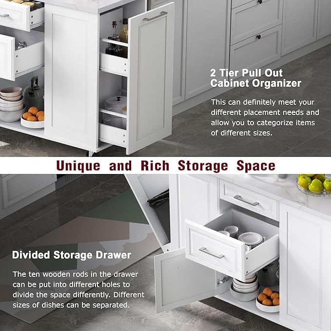 50.7" Mobile Kitchen Island with Storage Tilt Trash Can Cabinet and Pull Out Cabinet Organizer, Movable Rolling Island on 5 Wheels with Drop Leaf, 2 Drawers, 1Door for Kitchen, Dining Room (White)