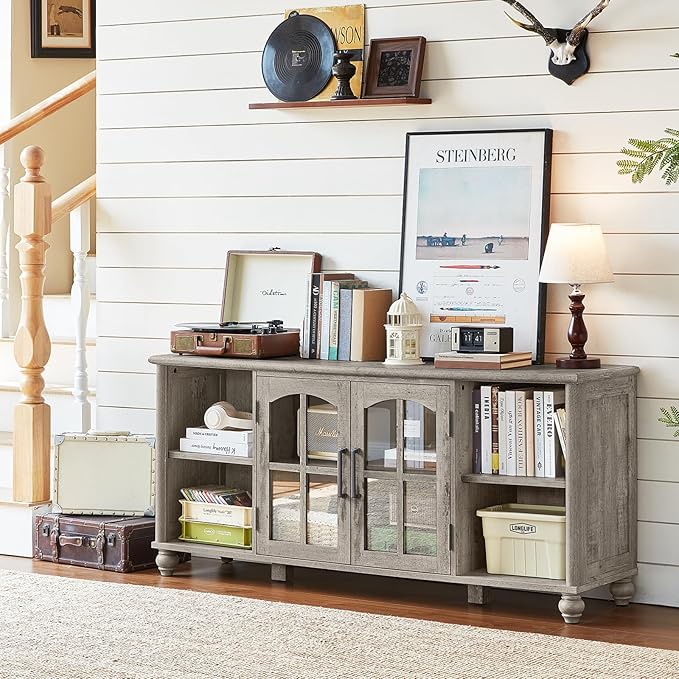 Farmhouse TV Stand for 60 Inch TV, Wood Entertainment Center with Adjustable Shelves & Glass Door Storage Cabinet,Television Stands for 65" TVS,TV Console Table for Living Room,Bedroom,Grey