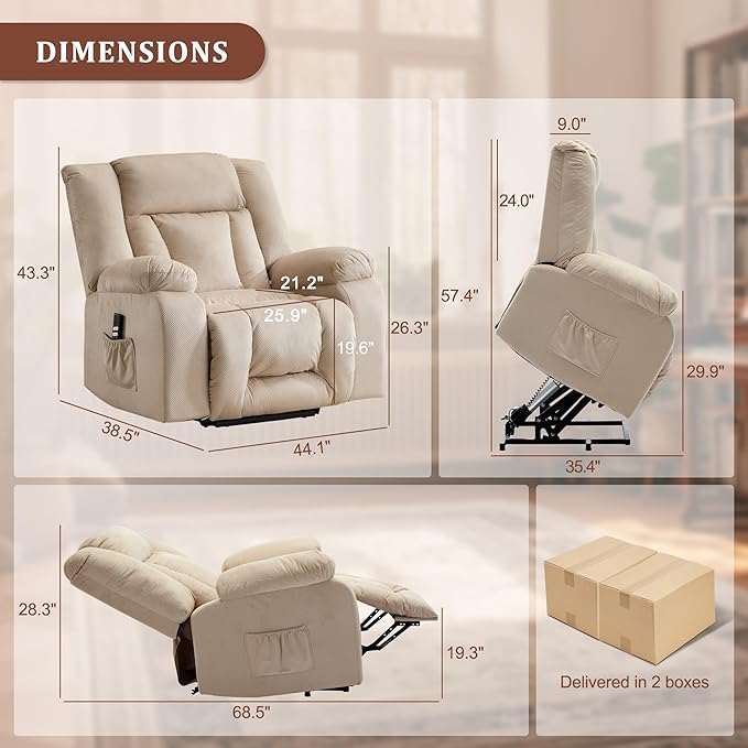 Oversized Dual Motor Power Lift Recliner for Adults, Electric Lift Chair with Heating and Massage, Waffle Fabric Electric Recliner Chair with Side Pockets, Wide Recliner for Living Room