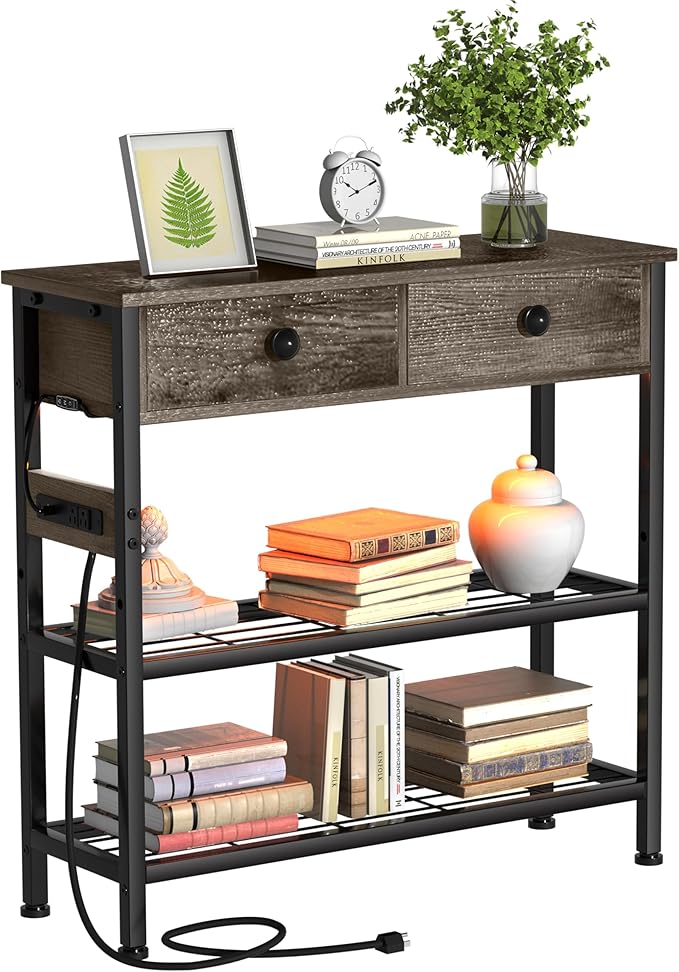 32" Entryway Table with Outlets: Console Table with Storage Shelves, USB Ports, LED Light Strip, and 2 Wood Drawers for Sofa, Living Room, Hallway, Foyer, Couch, and TV Stand