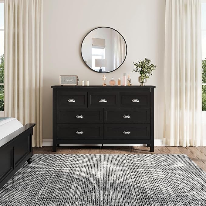 Black Dresser for Bedroom, Farmhouse 7 Drawer Double Dresser with Vintage Antique Handles, Modern Dressers and Chest of Drawers for Bedroom