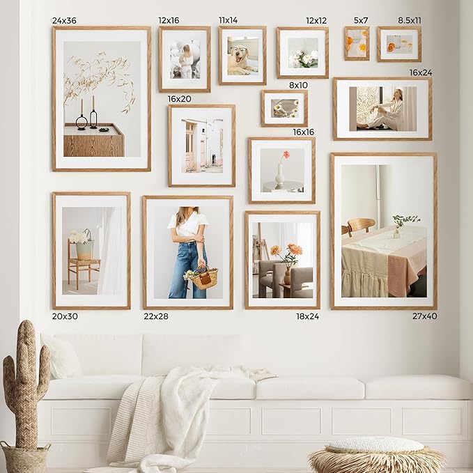 Axeman 8x8 Solid Oak Wood Picture Frame With Mat - 4x4 | Plexiglass & Hanging Hardware Included - Natural, 3 PCs