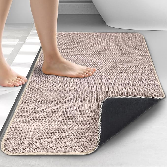 Upgraded Thin Bathroom Rugs, Bath Mat Super Absorbent, Bath Rugs Rubber Backing Non-Slip, Quick Dry Machine Washable, Cozy Cloth Bathroom Mat fit Under Door/Sink/ Bathtub/Shower/Kids 24''x36''-Biege