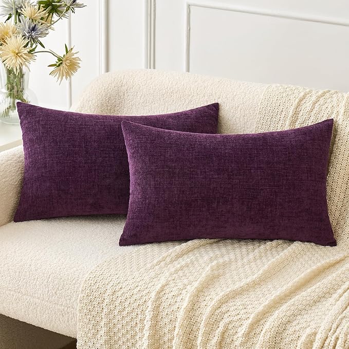MIULEE Pack of 2 Couch Throw Pillow Covers 12x20 Inch Soft Plum Purple Chenille Pillow Covers for Sofa Living Room Solid Dyed Pillow Cases