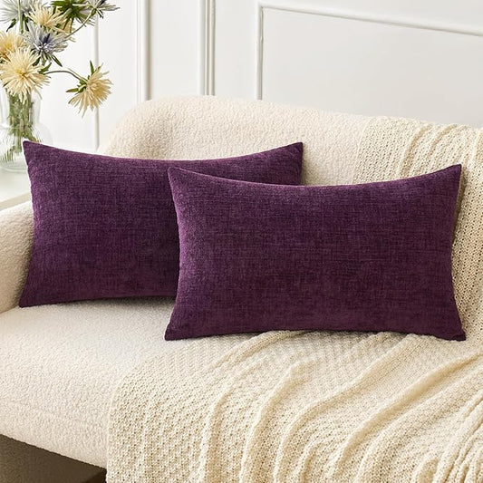 MIULEE Pack of 2 Couch Throw Pillow Covers 12x20 Inch Soft Plum Purple Chenille Pillow Covers for Sofa Living Room Solid Dyed Pillow Cases