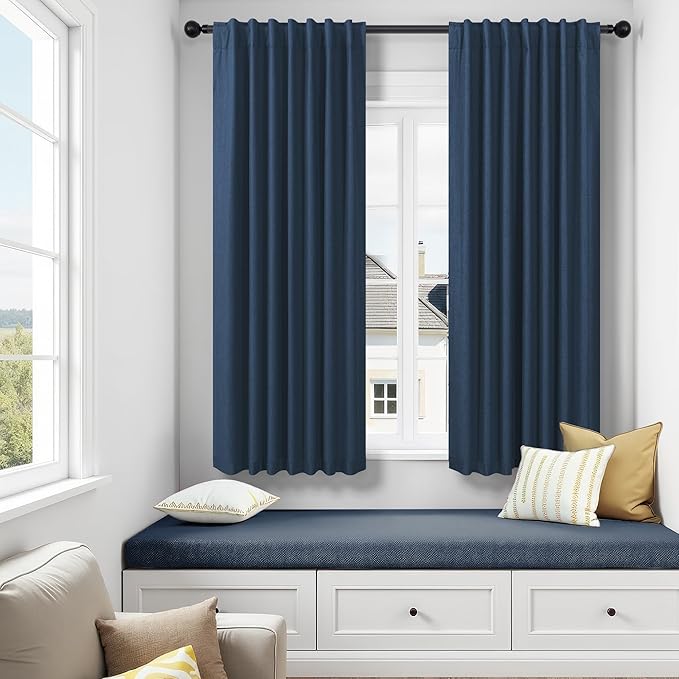 54 Inch Length Curtains for Bedroom Men Room Decor Darkening Back Tab Pleated Blackout Linen Insulated Curtain for Living Room Bathroom Wide Dark Navy Midnight Blue Drapes for Teen Boy 54 Long 2 Panel