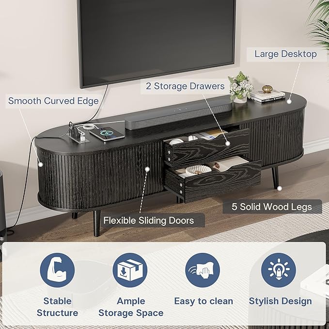 Alohappy 59" Mid Century Modern TV Stand with Charging Station, Curved Edge Fluted TV Console Table with Drawer and Shelf, Farmhouse Media Entertainment Center for Living Room, Bedroom, Black