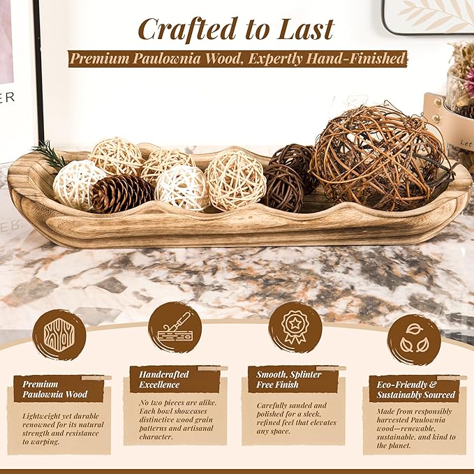 Wavy Edge Wooden Dough Bowl for Decor 16" L Lightweight Paulownia Wood Hand Carved Decorative Wooden Farmhouse Fruit Bowl Handmade, Home Decoration Centerpiece, Table Display Bowl