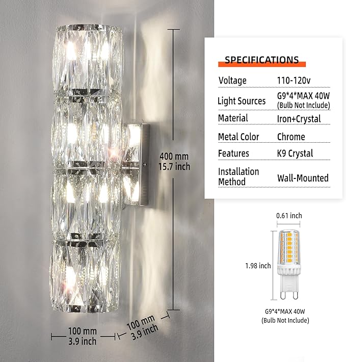 Crystal Wall Sconces Indoor, Modern Sconces Wall Lighting Fixtures Indoor Chrome Wall Mounted Lamp for Bedroom Living Room Hallway Bathroom Vanity Light Fixtures Over Mirror