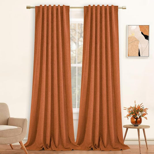 100% Blackout Linen Curtains 90 Inch Length 2 Panels Set Fall Decor for Living Room Bedroom Back Tab Thermal Insulated Farmhouse Drapes Room Darkening Window Curtains 90 Inches Long Terracotta