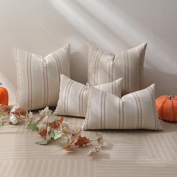 Hckot Fall Throw Pillow Covers 24x24 Set of 2 Striped Rust Pillow Covers Textured Linen Decorative Pillows Square Cushion Covers for Sofa Couch Bed Living Room Farmhouse Decor