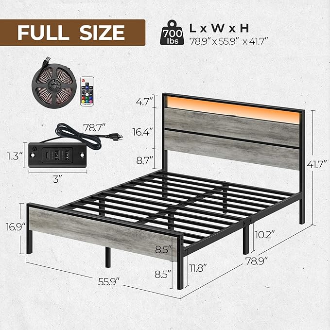 Rolanstar Full Bed Frame with Headboard, Bed Frame Full with LED Lights, Camas Full Size Bed with Charging Station, Solid Metal Slats, Noise Free, No Box Spring Needed, Grey